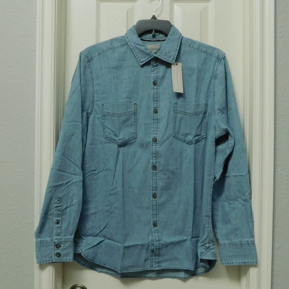 PEYTON & PARKER Mens Long Sleeve Button Up Chambray Shirt Indigo Blue L